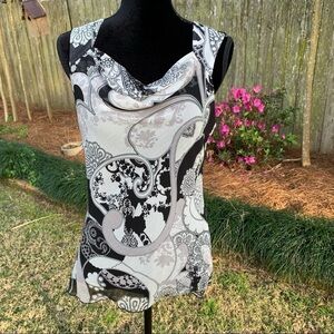 Black gray boho print sleeveless drape neck top spring summer neutral
